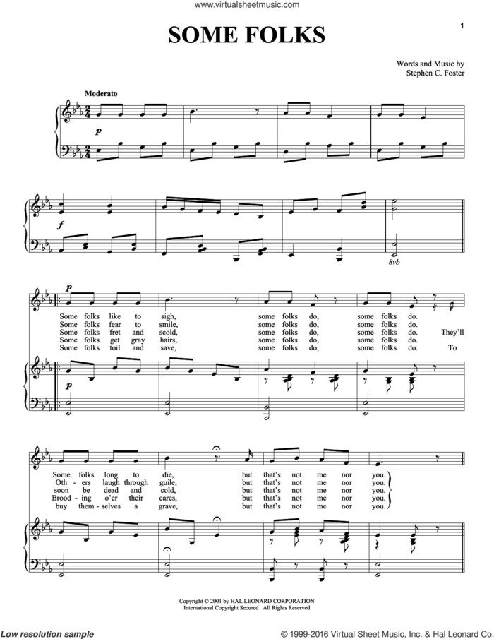 Some Folks sheet music for voice and piano by Stephen Foster, intermediate skill level