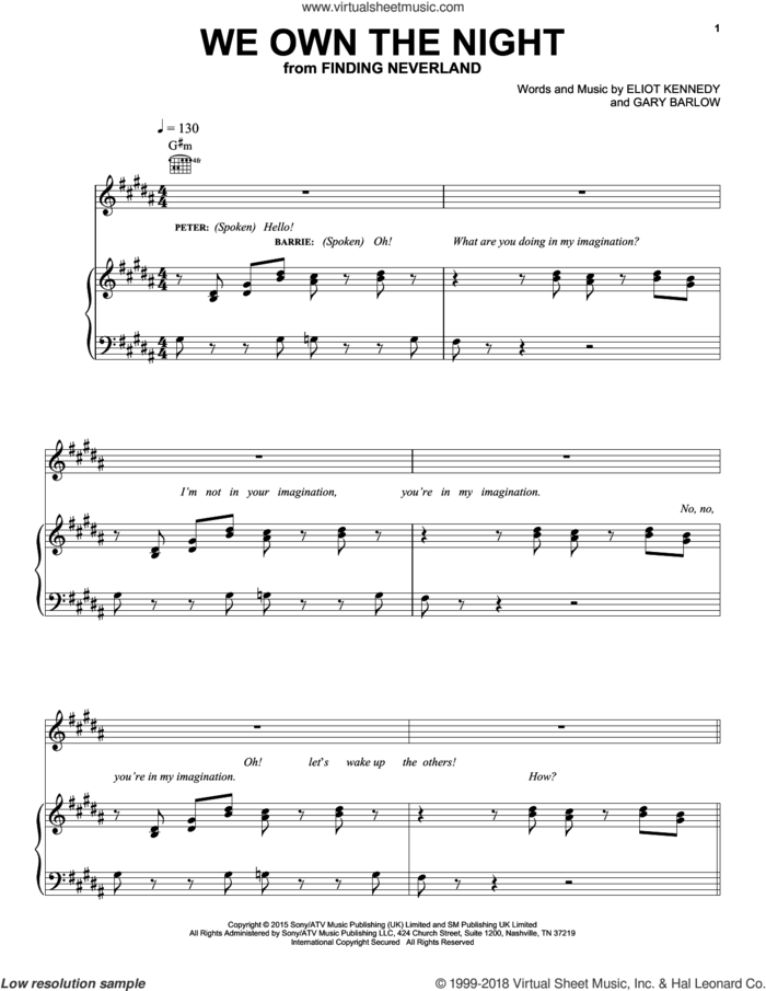 We Own The Night sheet music for voice, piano or guitar by Gary Barlow & Eliot Kennedy, ELIOT KENNEDY and Gary Barlow, intermediate skill level
