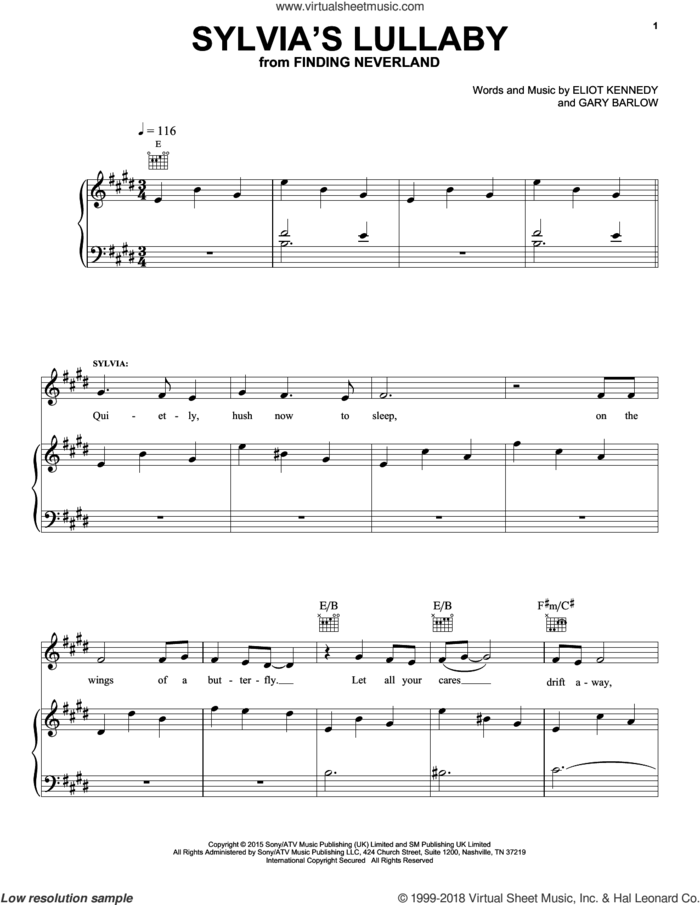 Sylvia's Lullaby sheet music for voice, piano or guitar by Gary Barlow & Eliot Kennedy, ELIOT KENNEDY and Gary Barlow, intermediate skill level