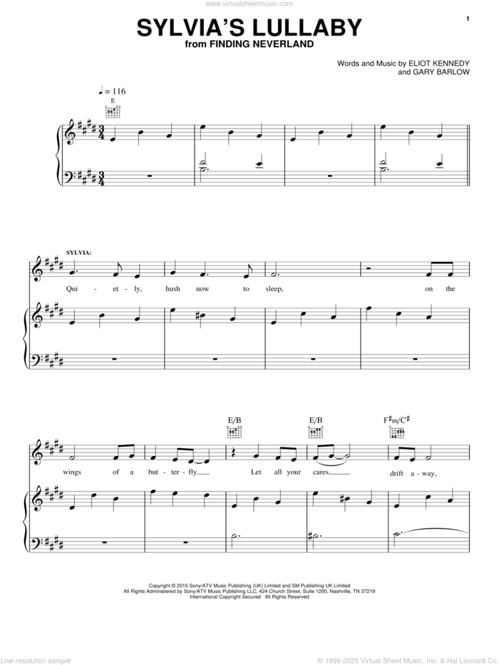 Sylvia's Lullaby sheet music for voice, piano or guitar by Gary Barlow & Eliot Kennedy, ELIOT KENNEDY and Gary Barlow, intermediate skill level