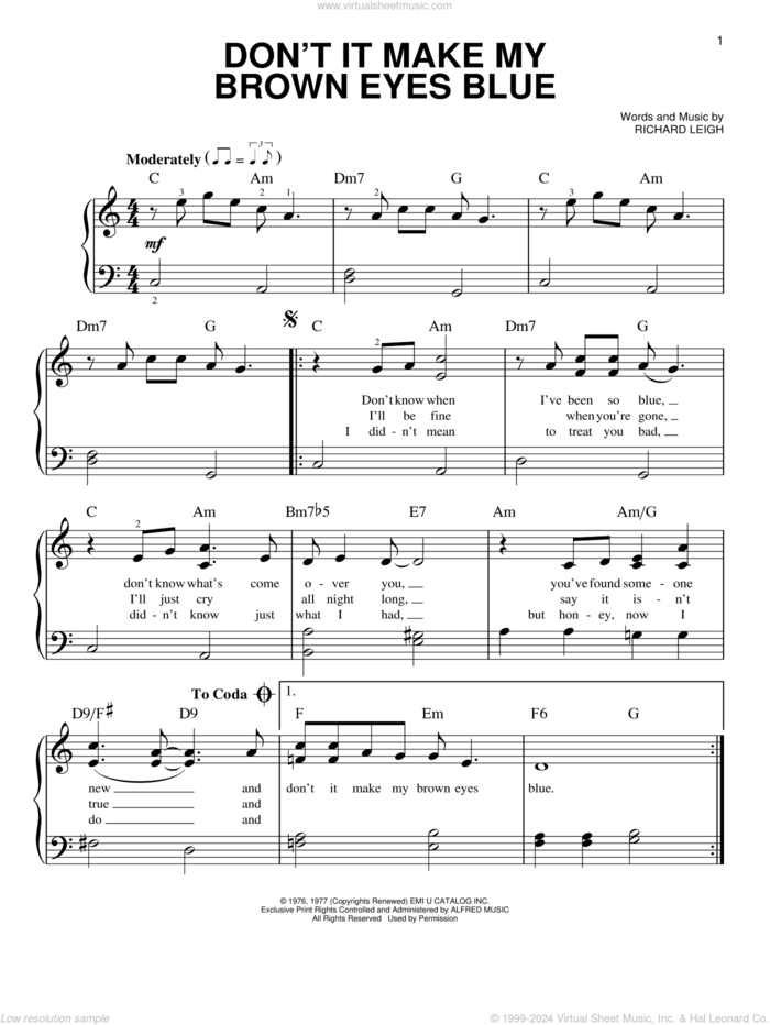 Don't It Make My Brown Eyes Blue sheet music for piano solo by Crystal Gayle and Richard Leigh, beginner skill level