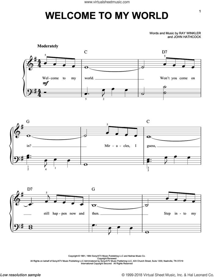 Welcome To My World sheet music for piano solo by Jim Reeves, Eddy Arnold, John Hathcock and Ray Winkler, beginner skill level