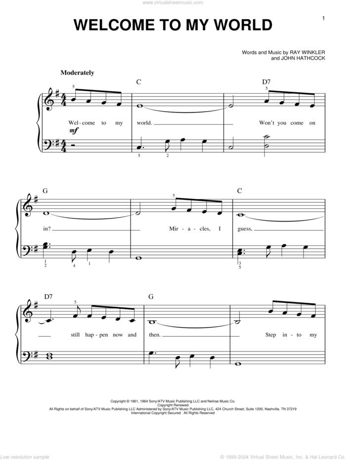 Welcome To My World sheet music for piano solo by Jim Reeves, Eddy Arnold, John Hathcock and Ray Winkler, beginner skill level