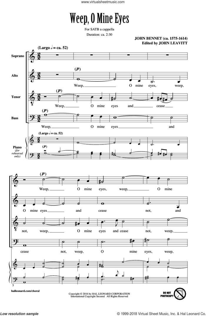 Weep, O Mine Eyes sheet music for choir (SATB: soprano, alto, tenor, bass) by John Bennet and John Leavitt, intermediate skill level