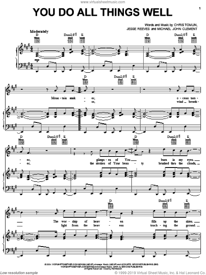 You Do All Things Well sheet music for voice, piano or guitar by Chris Tomlin, Jesse Reeves and Michael John CLement, intermediate skill level
