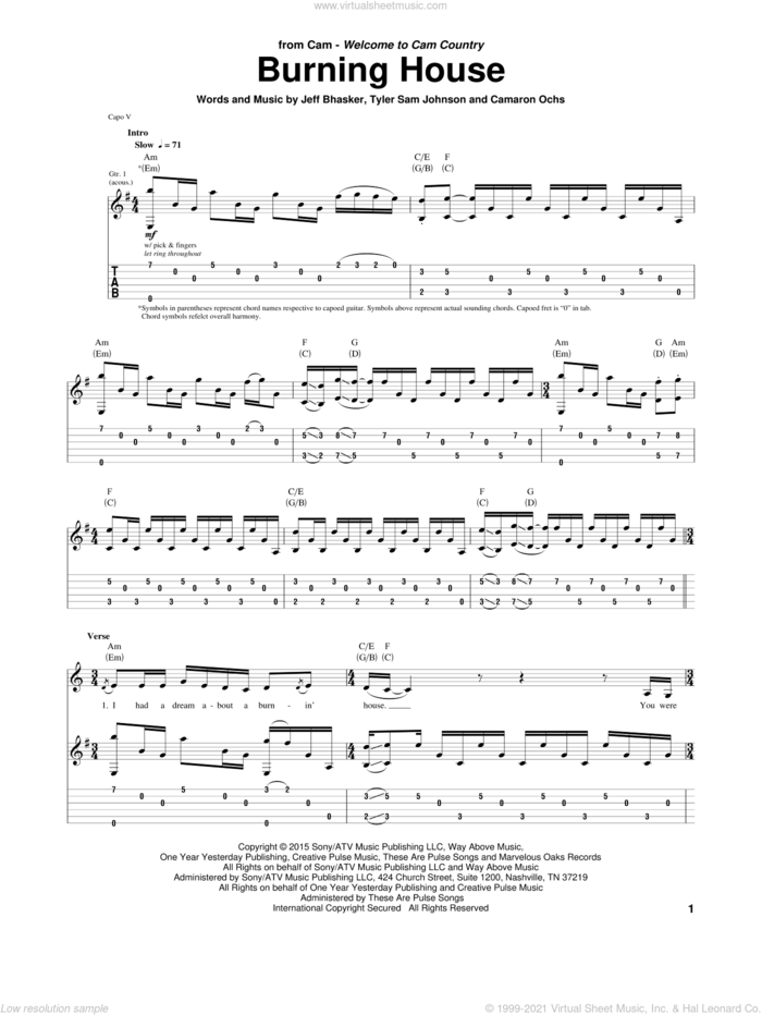 Burning House sheet music for guitar (tablature) by Cam, Camaron Ochs, Jeffrey Bhasker and Tyler Sam Johnson, intermediate skill level
