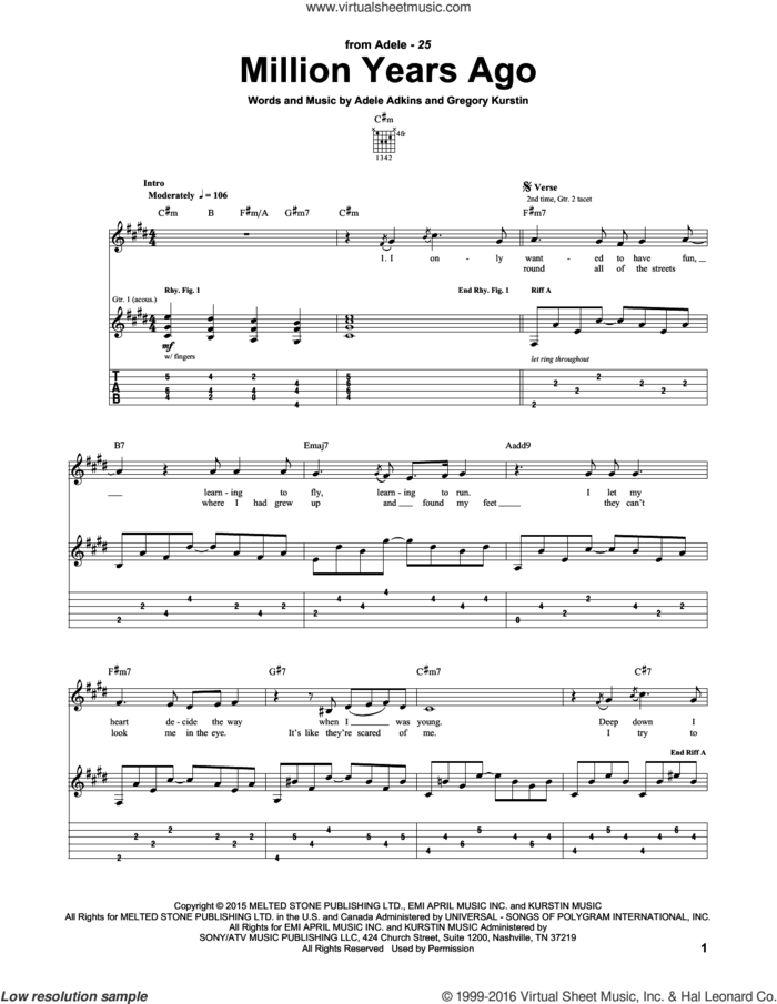 Million Years Ago sheet music for guitar (tablature) by Adele, Adele Adkins and Gregory Kurstin, intermediate skill level