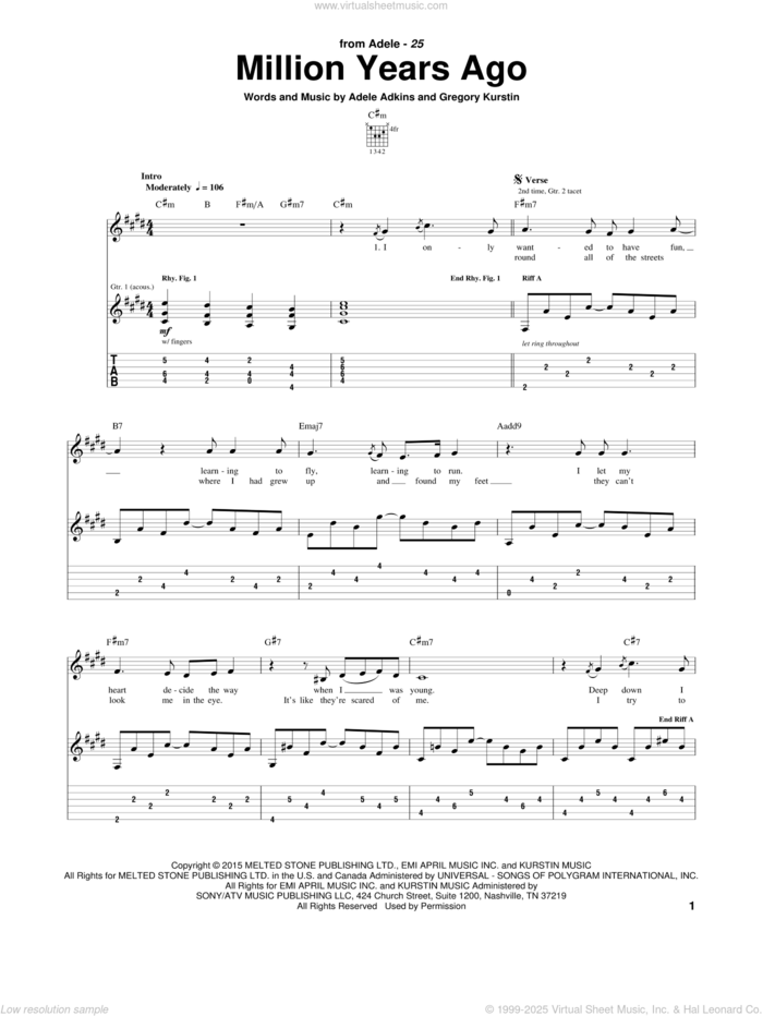 Million Years Ago sheet music for guitar (tablature) by Adele, Adele Adkins and Gregory Kurstin, intermediate skill level