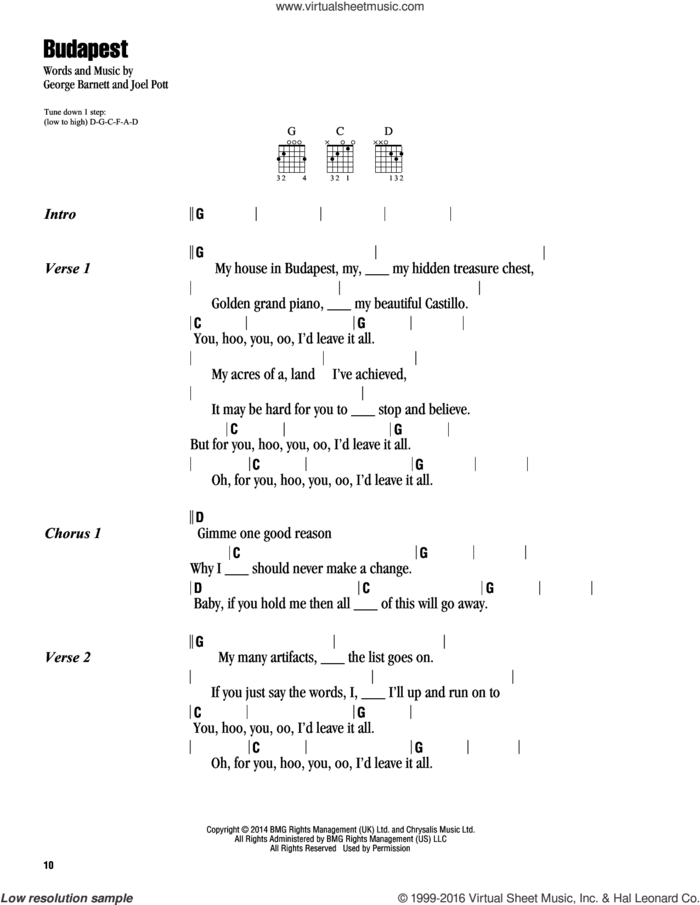 Budapest sheet music for guitar (chords) by George Ezra, George Barnett and Joel Pott, intermediate skill level