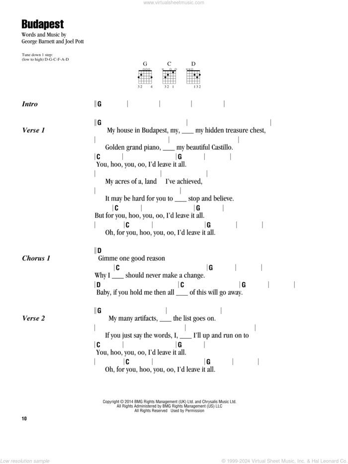 Budapest sheet music for guitar (chords) by George Ezra, George Barnett and Joel Pott, intermediate skill level