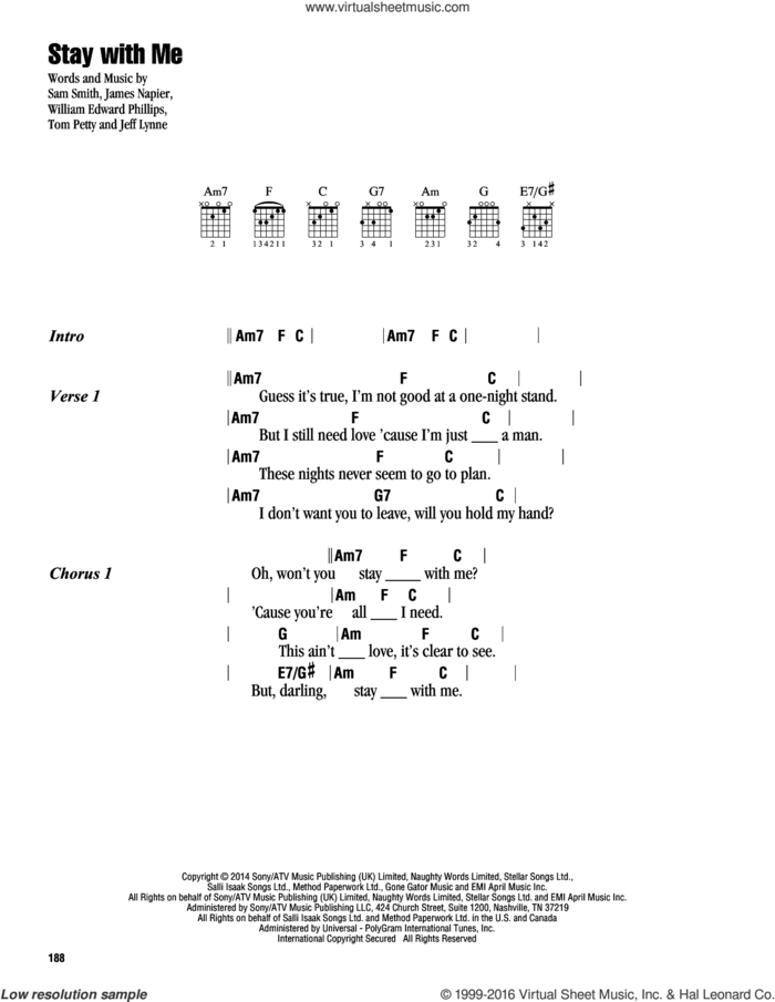 Stay With Me sheet music for guitar (chords) by Sam Smith, James Napier, Jeff Lynne, Tom Petty and William Edward Phillips, intermediate skill level
