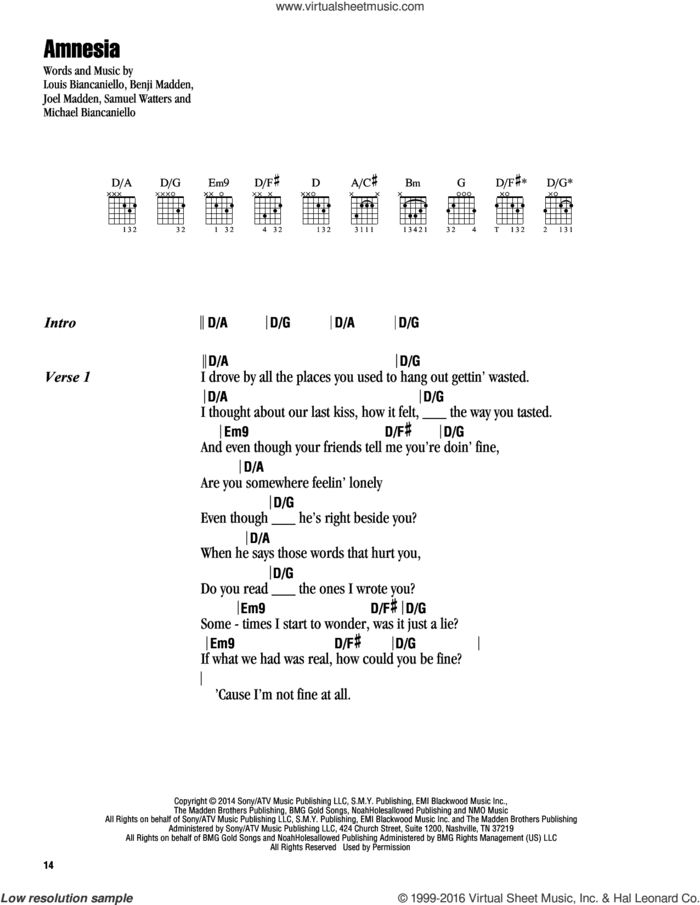 Amnesia sheet music for guitar (chords) by 5 Seconds of Summer, Benji Madden, Joel Madden, Louis Biancaniello, Michael Biancaniello and Sam Watters, intermediate skill level