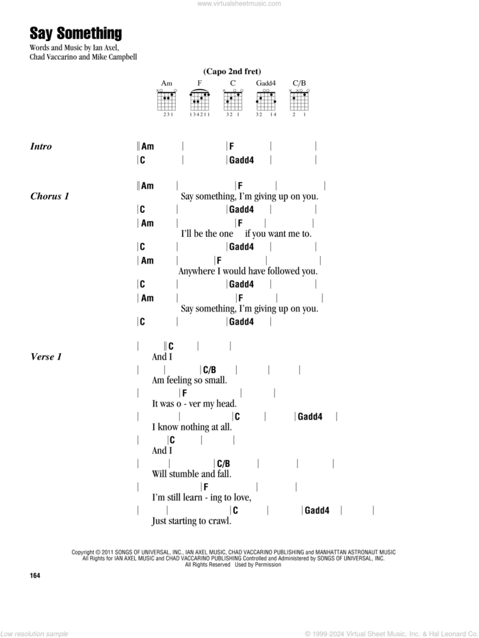 Say Something sheet music for guitar (chords) by A Great Big World, Miscellaneous, Chad Vaccarino, Ian Axel and Mike Campbell, intermediate skill level