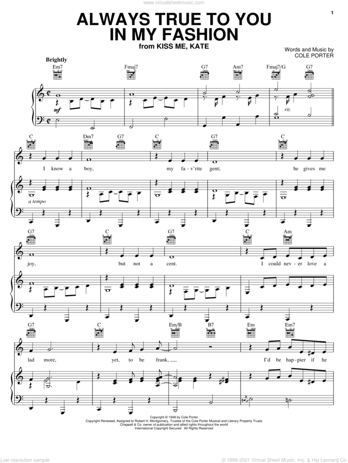 Always True To You In My Fashion (from Kiss Me, Kate) sheet music for voice, piano or guitar by Cole Porter and Kiss Me, Kate (Musical), intermediate skill level
