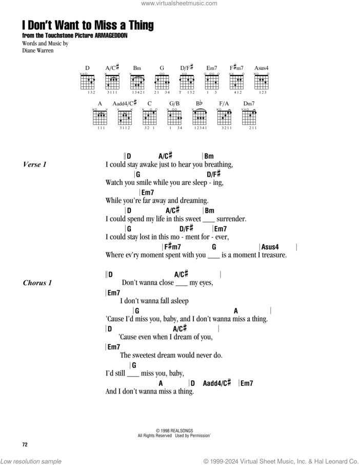 I Don't Want To Miss A Thing sheet music for guitar (chords) by Aerosmith, David Cook and Diane Warren, wedding score, intermediate skill level