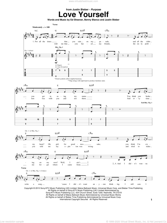 Love Yourself sheet music for guitar (tablature) by Justin Bieber, Benny Blanco and Ed Sheeran, intermediate skill level