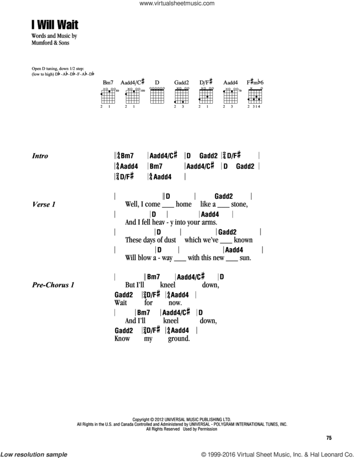I Will Wait sheet music for guitar (chords) by Mumford & Sons, intermediate skill level