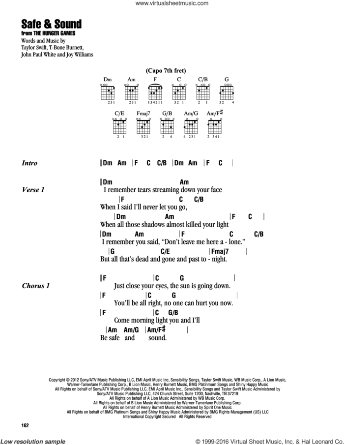 Safe and Sound (feat. The Civil Wars) (from The Hunger Games) sheet music for guitar (chords) by Taylor Swift featuring The Civil Wars, William Joseph, John Paul White, Joy Williams, T-Bone Burnett and Taylor Swift, intermediate skill level