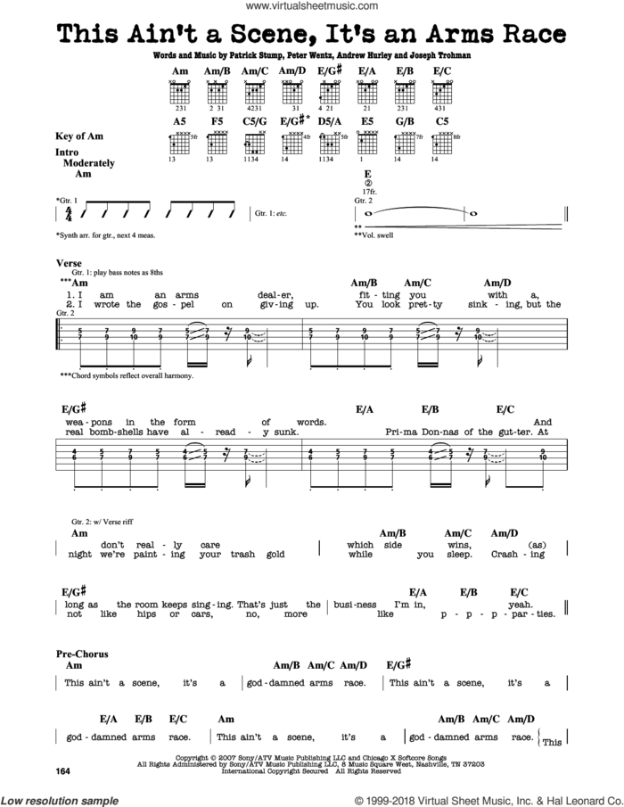 This Ain't A Scene, It's An Arms Race sheet music for guitar solo (lead sheet) by Fall Out Boy, Andrew Hurley, Joseph Trohman, Patrick Stump and Peter Wentz, intermediate guitar (lead sheet)