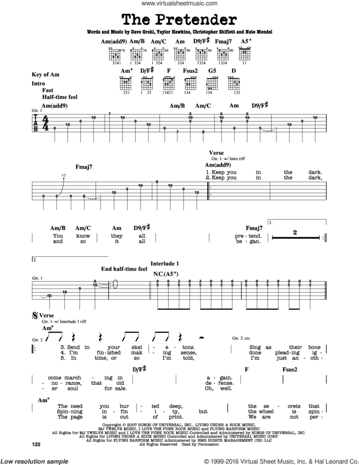 The Pretender sheet music for guitar solo (lead sheet) by Foo Fighters, Christopher Shiflett, Dave Grohl, Nate Mendel and Taylor Hawkins, intermediate guitar (lead sheet)