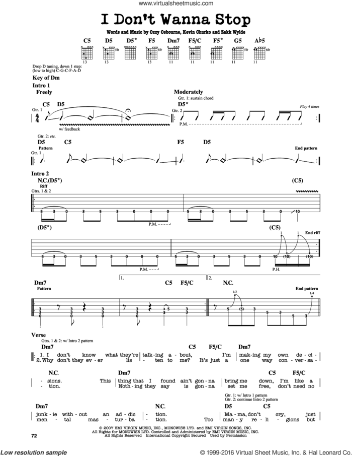 I Don't Wanna Stop sheet music for guitar solo (lead sheet) by Ozzy Osbourne, Kevin Churko and Zakk Wylde, intermediate guitar (lead sheet)