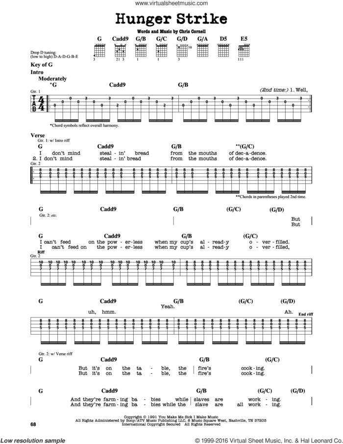 Hunger Strike sheet music for guitar solo (lead sheet) by Chris Cornell, intermediate guitar (lead sheet)