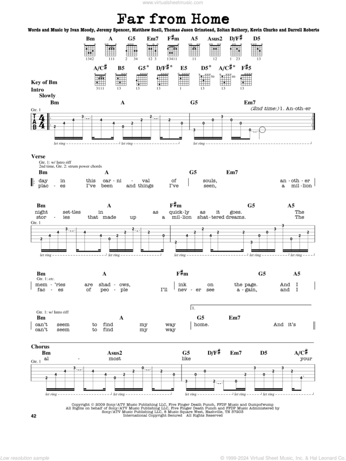 Far From Home sheet music for guitar solo (lead sheet) by Five Finger Death Punch, Darrell Roberts, Ivan Moody, Jason Hook, Jeremy Spencer, Kevin Churko, Matthew Snell and Zoltan Bathory, intermediate guitar (lead sheet)