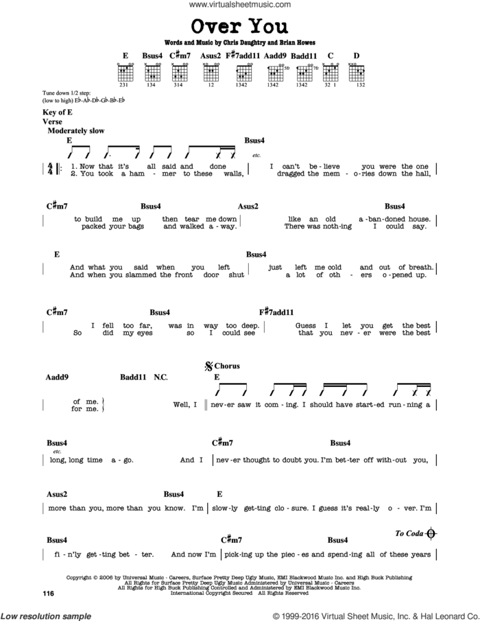 Over You sheet music for guitar solo (lead sheet) by Daughtry, Brian Howes and Chris Daughtry, intermediate guitar (lead sheet)