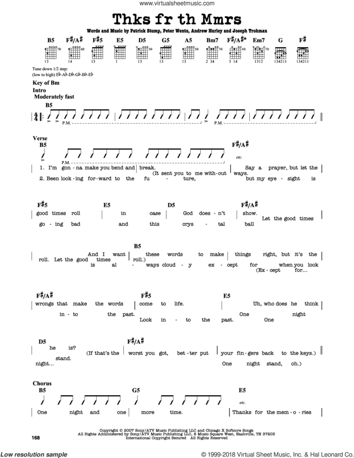 Thnks Fr Th Mmrs sheet music for guitar solo (lead sheet) by Fall Out Boy, Andrew Hurley, Joseph Trohman, Patrick Stump and Peter Wentz, intermediate guitar (lead sheet)