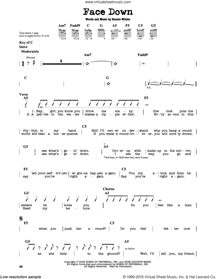 Face Down sheet music for guitar solo (lead sheet) by The Red Jumpsuit Apparatus and Ronnie Winter, intermediate guitar (lead sheet)