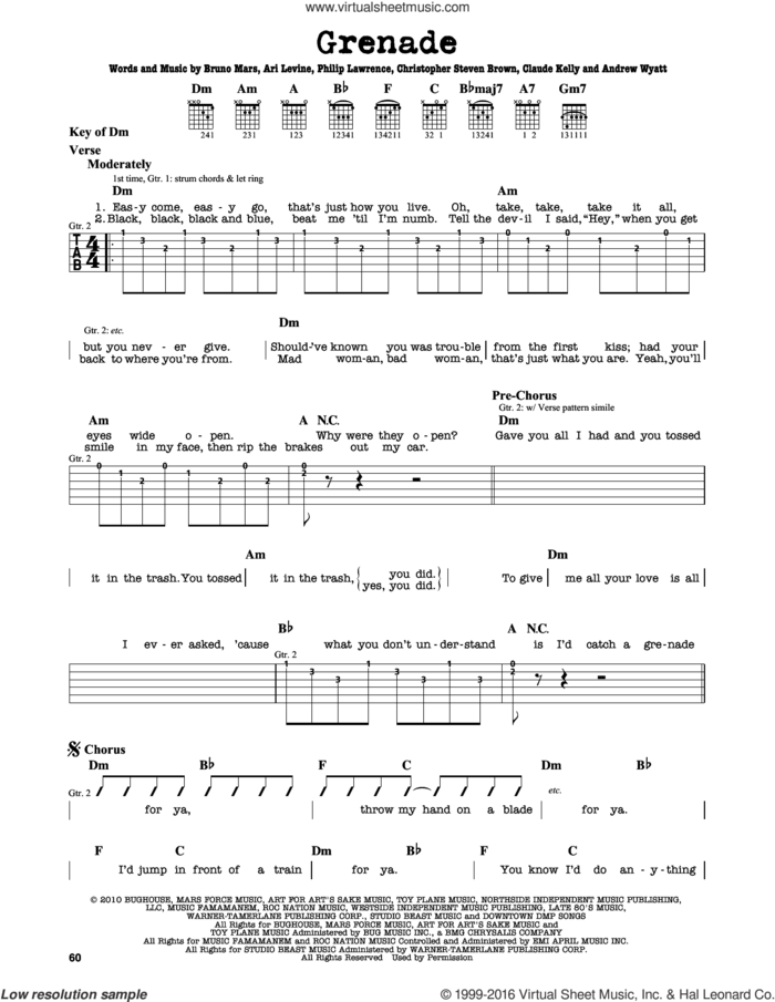 Grenade sheet music for guitar solo (lead sheet) by Bruno Mars, Andrew Wyatt, Ari Levine, Brody Brown, Claude Kelly and Philip Lawrence, intermediate guitar (lead sheet)