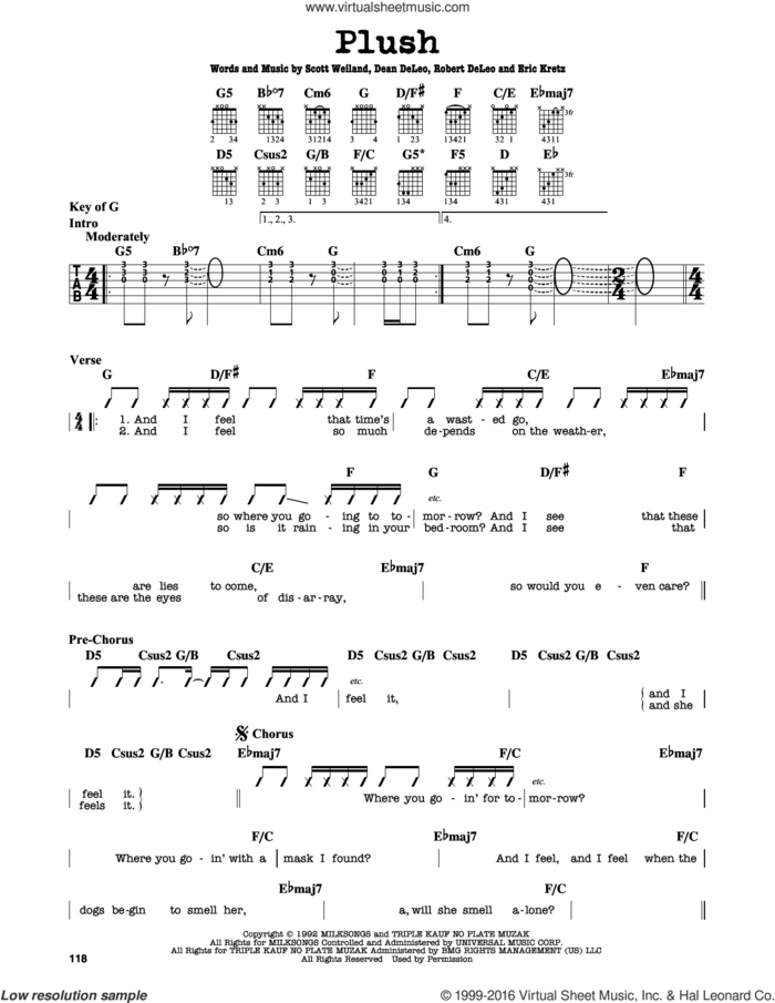 Plush sheet music for guitar solo (lead sheet) by Stone Temple Pilots, Dean DeLeo, Eric Kretz, Robert DeLeo and Scott Weiland, intermediate guitar (lead sheet)