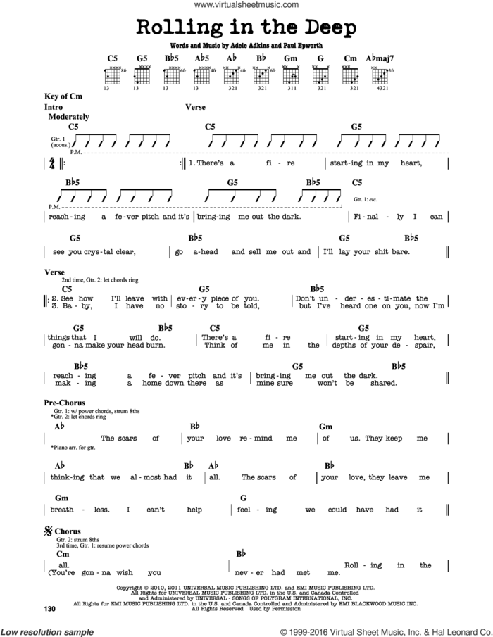 Rolling In The Deep sheet music for guitar solo (lead sheet) by Adele, Adele Adkins and Paul Epworth, intermediate guitar (lead sheet)