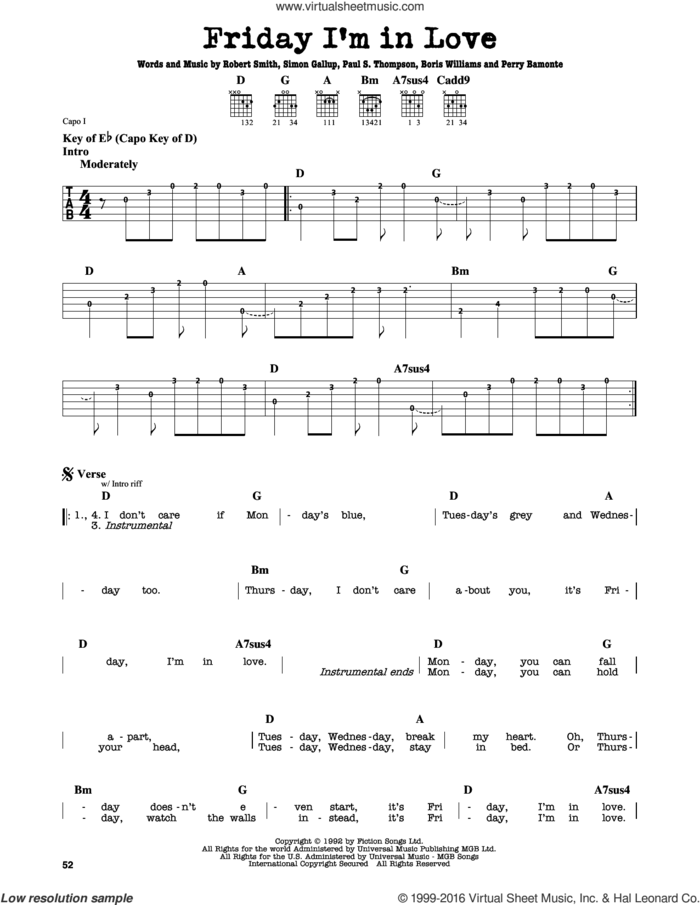 Friday I'm In Love sheet music for guitar solo (lead sheet) by The Cure, Boris Williams, Paul S. Thompson, Perry Bamonte, Robert Smith and Simon Gallup, intermediate guitar (lead sheet)