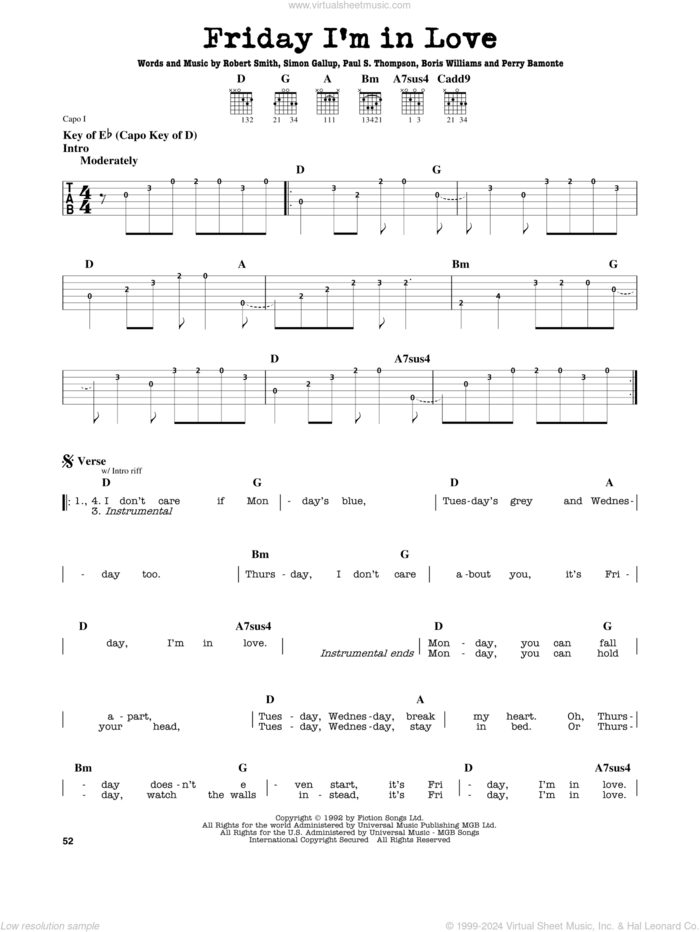Friday I'm In Love sheet music for guitar solo (lead sheet) by The Cure, Boris Williams, Paul S. Thompson, Perry Bamonte, Robert Smith and Simon Gallup, intermediate guitar (lead sheet)