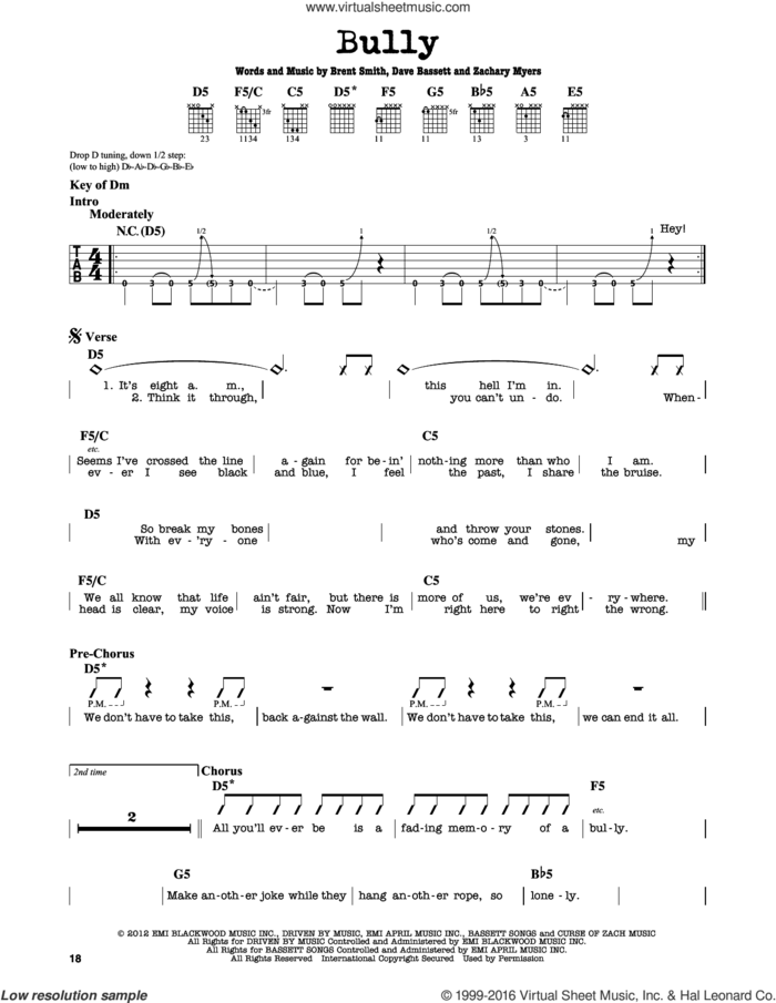 Bully sheet music for guitar solo (lead sheet) by Shinedown, Brent Smith, Dave Bassett and Zachary Myers, intermediate guitar (lead sheet)