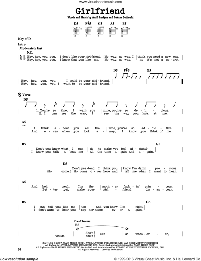 Girlfriend sheet music for guitar solo (lead sheet) by Avril Lavigne and Lukasz Gottwald, intermediate guitar (lead sheet)