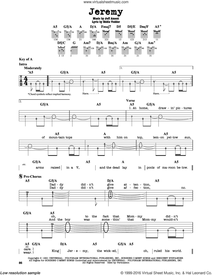 Jeremy sheet music for guitar solo (lead sheet) by Pearl Jam, Eddie Vedder and Jeff Ament, intermediate guitar (lead sheet)