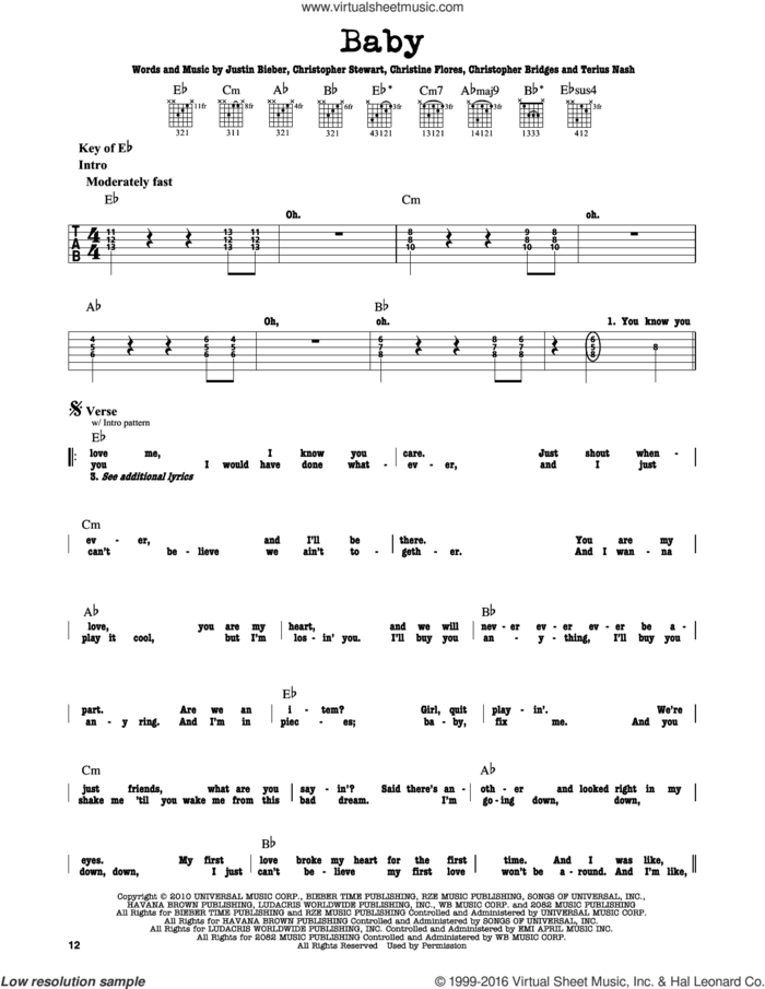 Baby sheet music for guitar solo (lead sheet) by Justin Bieber featuring Ludacris, Christine Flores, Christopher Bridges, Christopher Stewart, Justin Bieber and Terius Nash, intermediate guitar (lead sheet)