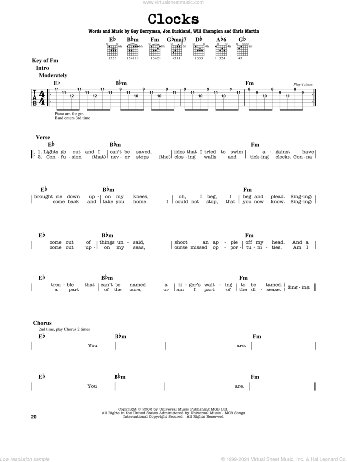 Clocks sheet music for guitar solo (lead sheet) by Coldplay, Chris Martin, Guy Berryman, Jon Buckland and Will Champion, intermediate guitar (lead sheet)