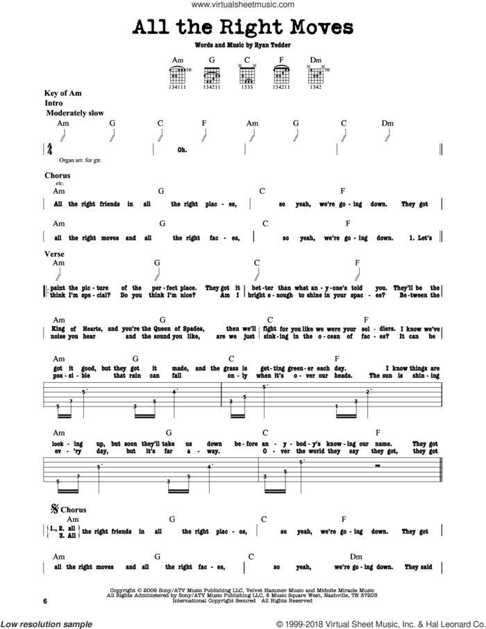All The Right Moves sheet music for guitar solo (lead sheet) by OneRepublic and Ryan Tedder, intermediate guitar (lead sheet)