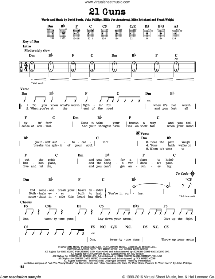 21 Guns sheet music for guitar solo (lead sheet) by Green Day, Billie Joe and John Phillips, intermediate guitar (lead sheet)