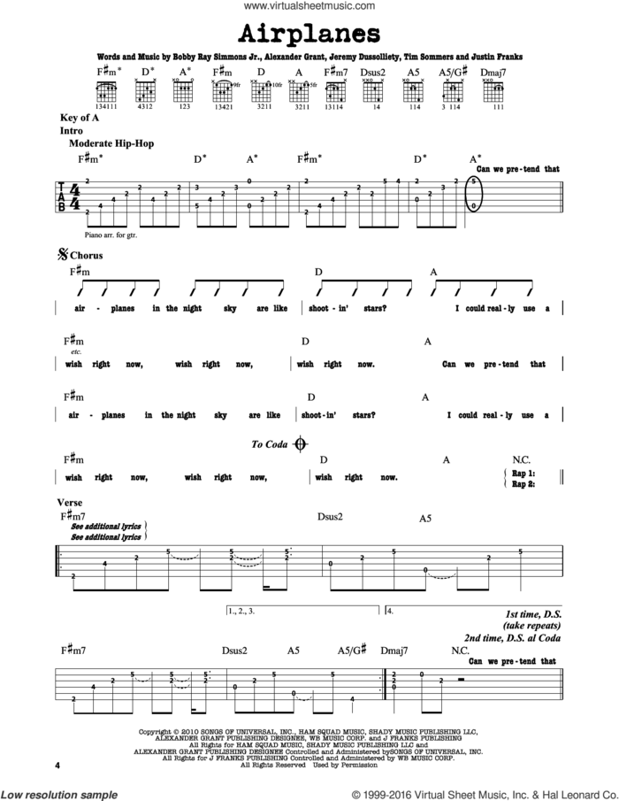 Airplanes sheet music for guitar solo (lead sheet) by B.o.B. featuring Hayley Williams, Alexander Grant, Bobby Ray Simmons Jr., Jeremy Dussolliet, Justin Franks and Tim Sommers, intermediate guitar (lead sheet)