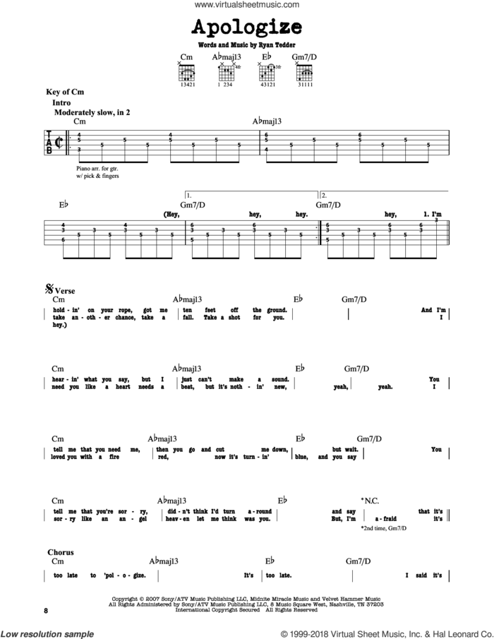 Apologize sheet music for guitar solo (lead sheet) by Timbaland featuring OneRepublic and Ryan Tedder, intermediate guitar (lead sheet)