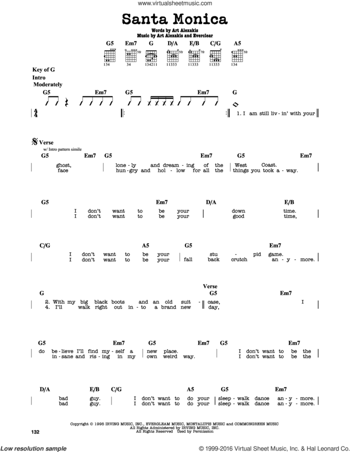 Santa Monica sheet music for guitar solo (lead sheet) by Everclear and Art Alexakis, intermediate guitar (lead sheet)