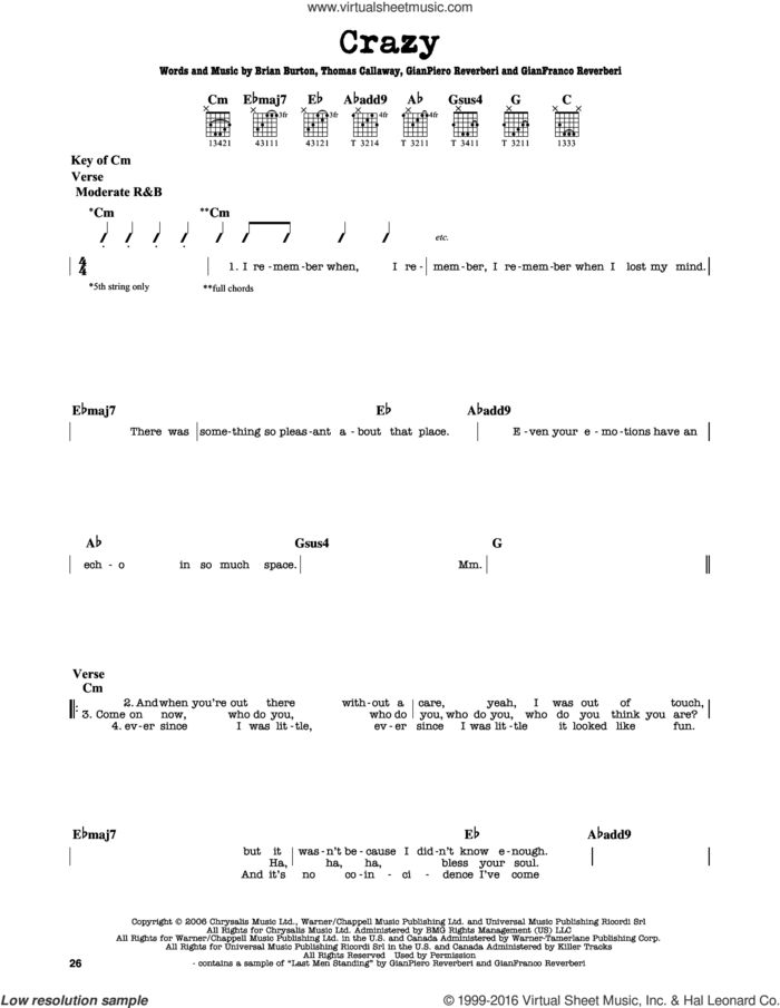 Crazy sheet music for guitar solo (lead sheet) by Gnarls Barkley, Brian Burton, Gianfranco Reverberi, GianPiero Reverberi and Thomas Callaway, intermediate guitar (lead sheet)
