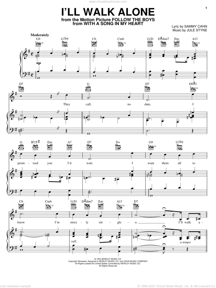I'll Walk Alone (from With A Song In My Heart) sheet music for voice, piano or guitar by Sammy Cahn, Jane Froman and Jule Styne, intermediate skill level