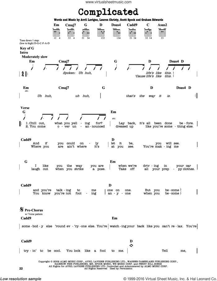 Complicated sheet music for guitar solo (lead sheet) by Avril Lavigne, Graham Edwards, Lauren Christy and Scott Spock, intermediate guitar (lead sheet)