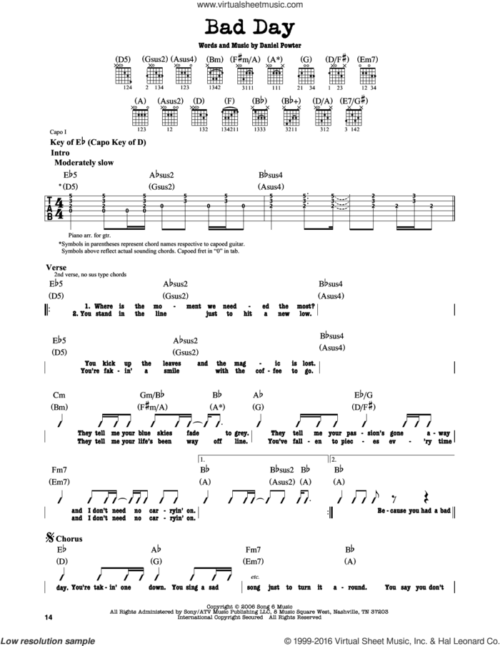 Bad Day sheet music for guitar solo (lead sheet) by Daniel Powter and Alvin And The Chipmunks, intermediate guitar (lead sheet)