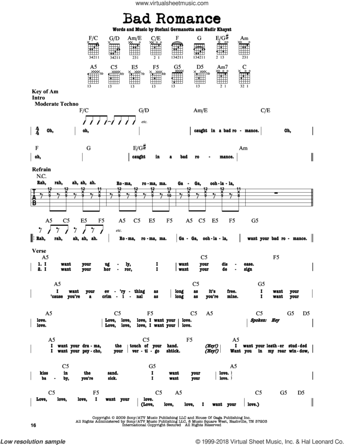 Bad Romance sheet music for guitar solo (lead sheet) by Lady Gaga and Nadir Khayat, intermediate guitar (lead sheet)